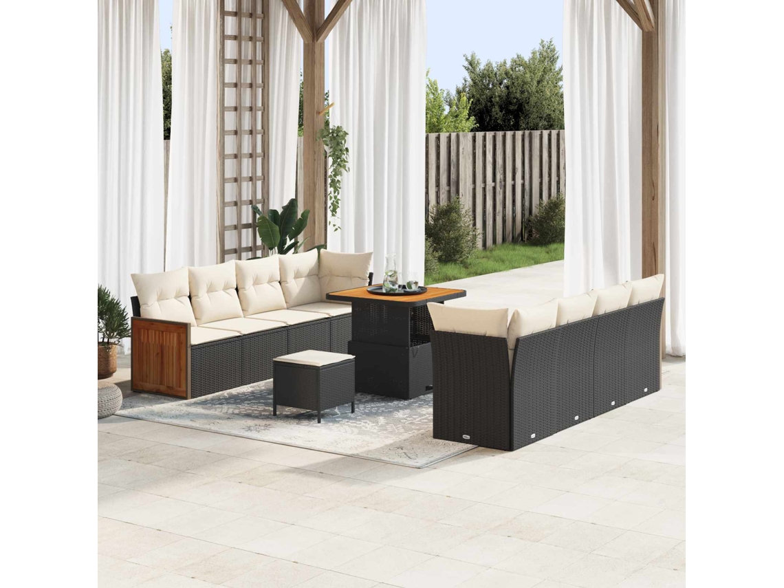 Vidaxl Conjunto De Sofá De Jardim Com Almofada 11 Pcs Preto E Creme