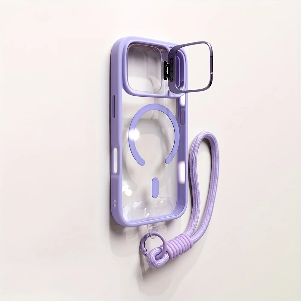 (iphone 12 Pro Roxo Claro) Capa Transparente Magnética Para Celular Com Suporte Para Lente E Alça De Pulso Magsafe