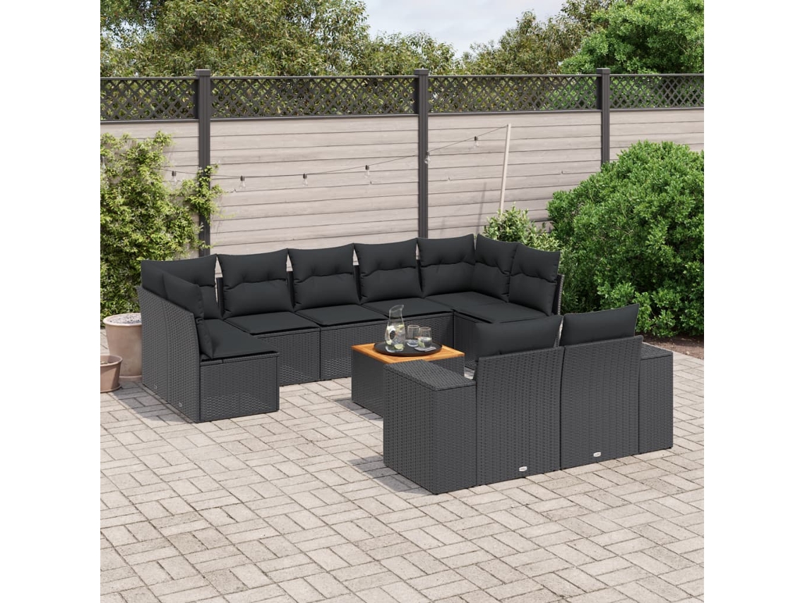 Vidaxl 10 Pcs Conjunto Sofás De Jardim C/ Almofadões Vime Pe Preto