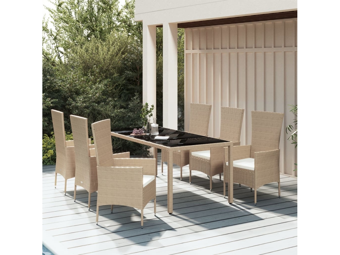 7 Pcs Conjunto De Jantar P/ Jardim Com Almofadões Vime Pe Bege Dkd Home Decor