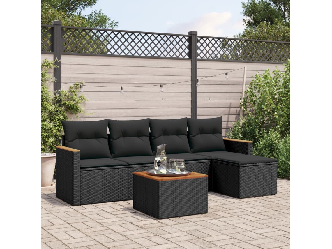 Vidaxl 6 Pcs Conjunto Sofás De Jardim C/ Almofadões Vime Pe Preto