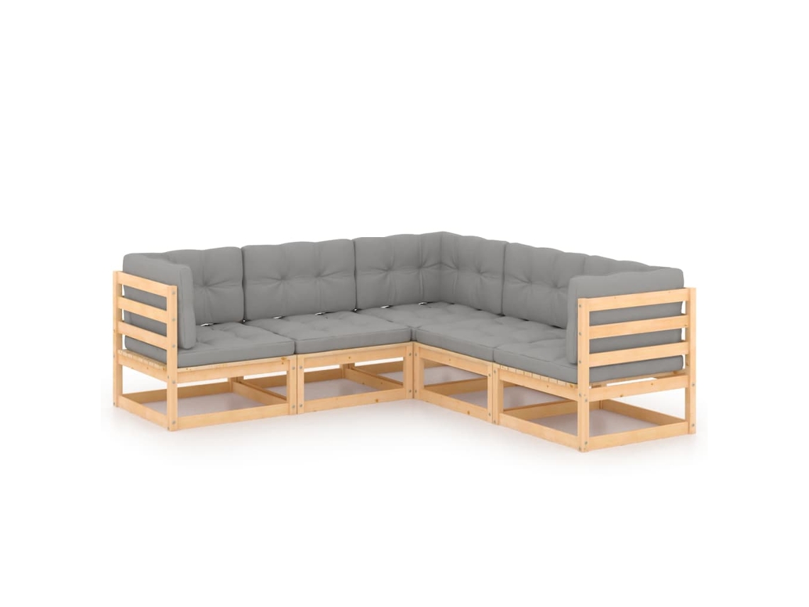 Conjunto 5 lounge de jardim c/ almofadões VIDAXL pinho maciço
