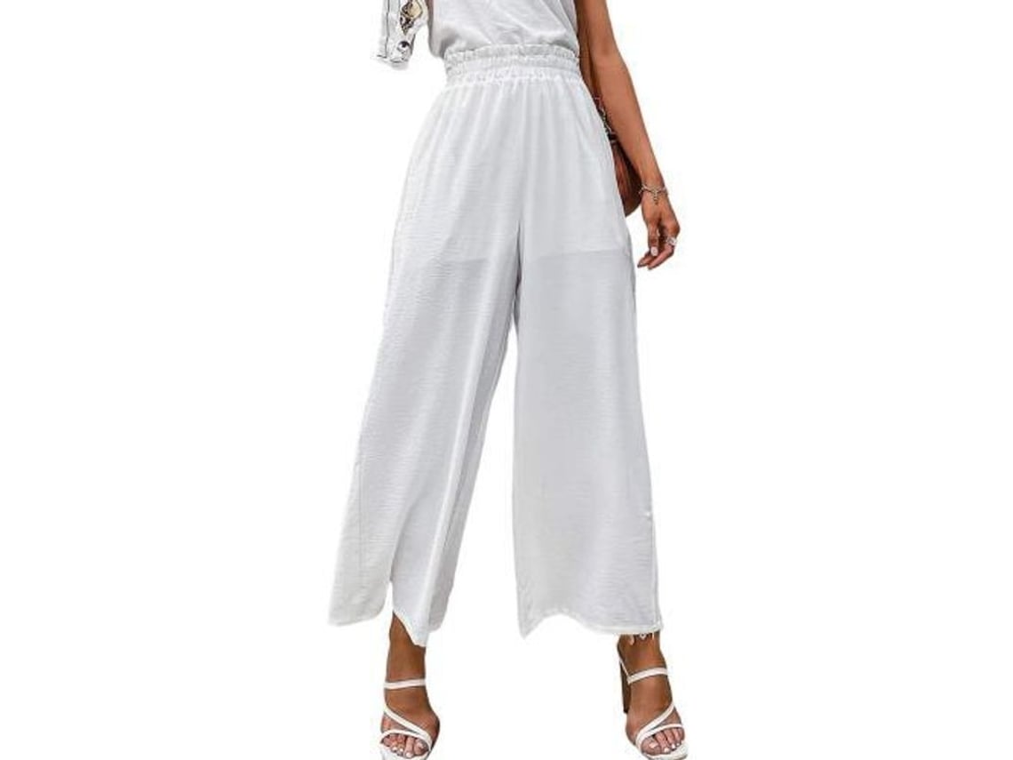 Calça feminina Rebe de cintura alta, estilo boho, pernas largas, em poliéster fluido, ideal para ocasiões casuais e praianas, tamanho XL, branca.