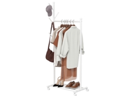 Charriot Com Rodas 5 Ganchos Barra Para Pendurar E Prateleira Inferior 68x43x171 Cm Branco
