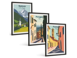 Galeria De Pinturas Murais Paisagens De Montanha E Itália Moldura Preta Fotos Para O Escritório Espelharte (3 Piezas De 40x60 Cm)