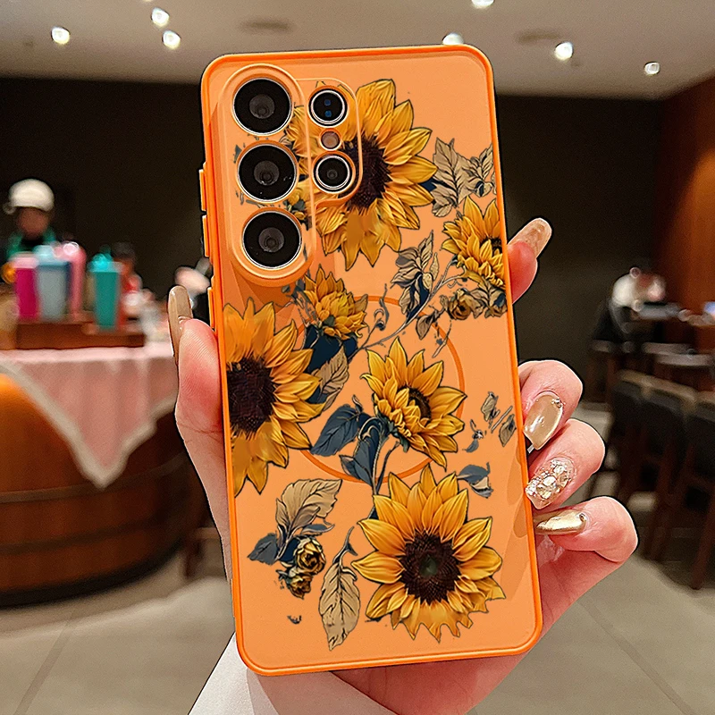 Capa Magnética Para Celular Galaxy S26 Com Estampa Floral Rosa (laranja).