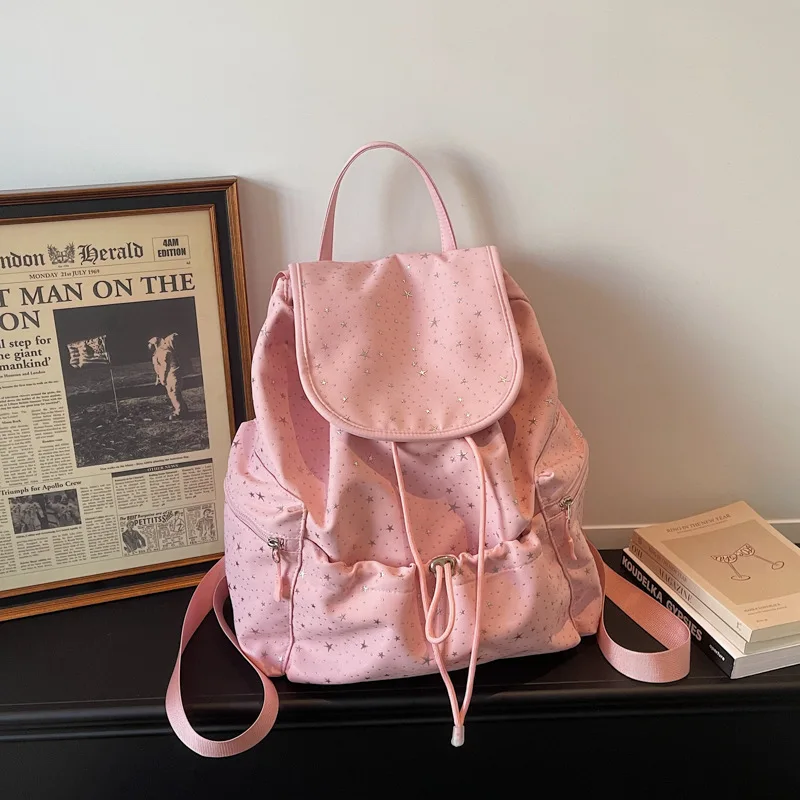 Mochila Feminina Com Estampa De Estrelas (rosa), Bolsa De Ombro.