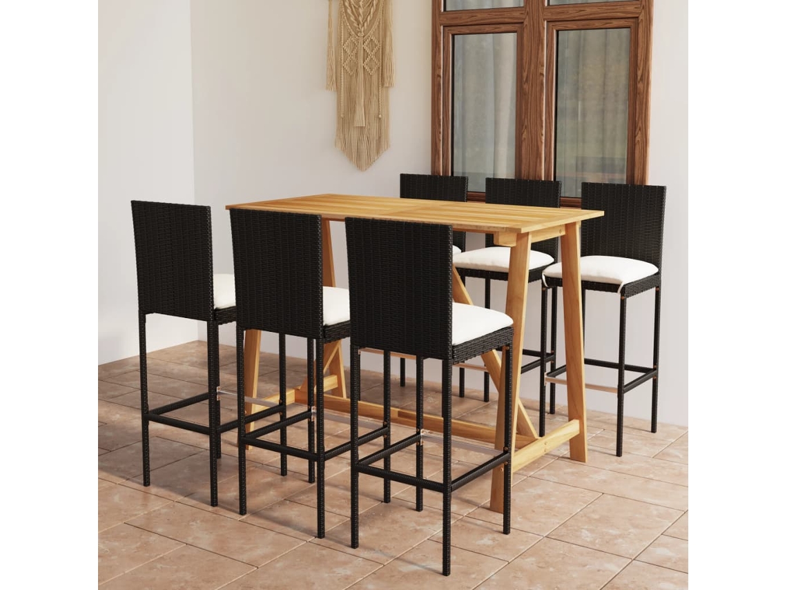 Vidaxl 7 Pcs Conjunto De Bar Para Jardim Com Almofadões Preto