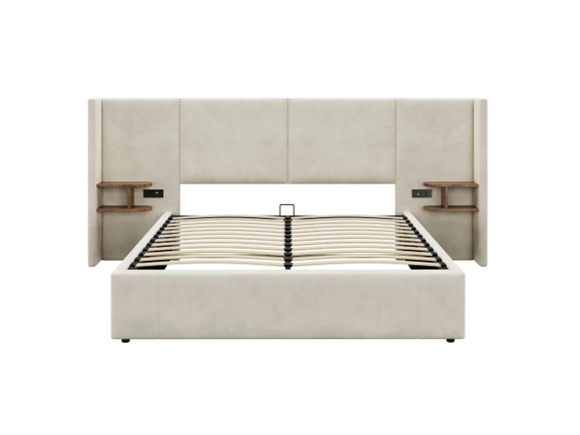 Cama Estofada 160x200 Cm Com Sistema Hidráulico,portas Usb E Tomadas, 2 Mesas De Cabeceira Com Arrumação, Estrado De Madeira, Veludo Bege