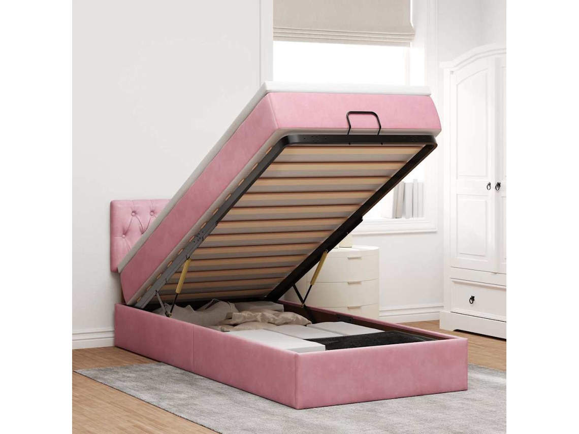 Moldura de Cama Otomana Vidaxl com Colchão Rosa 100x200cm Veludo