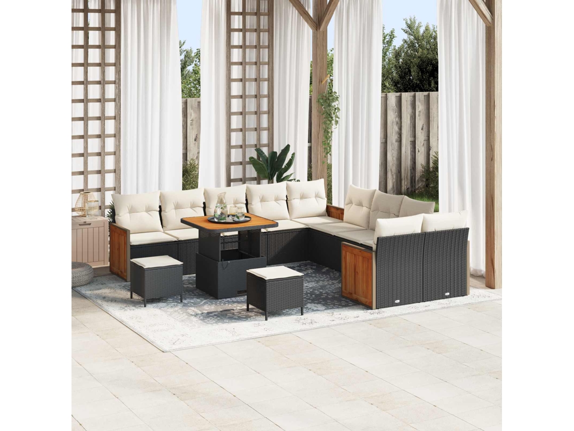 Vidaxl Conjunto De Sofá De Jardim Com Almofada 13 Pcs Preto E Creme