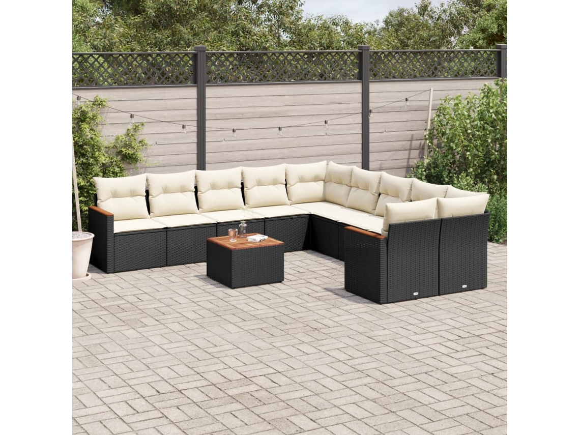Vidaxl 11 Pcs Conjunto Sofás De Jardim C/ Almofadões Vime Pe Preto
