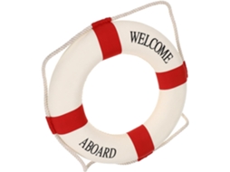 Decoração de parede com boia salva-vidas vermelha em mistura de algodão e espuma, estilo náutico mediterrâneo.