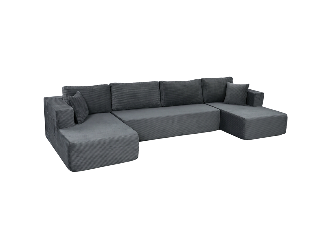 Sofá Modular U 4 Lugares, 2 Espreguiçadeiras, 6 Almofadas, Sem Montagem, 369x152x78cm, Cinzento