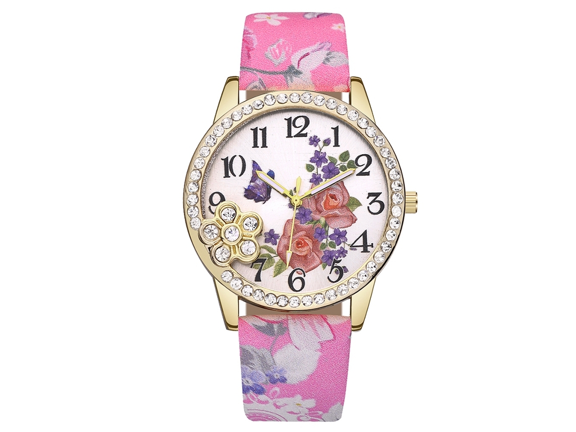 Relógio Feminino de Pulso com Cinto Pu Floral e Strass Quartz Vansvar (rosa)