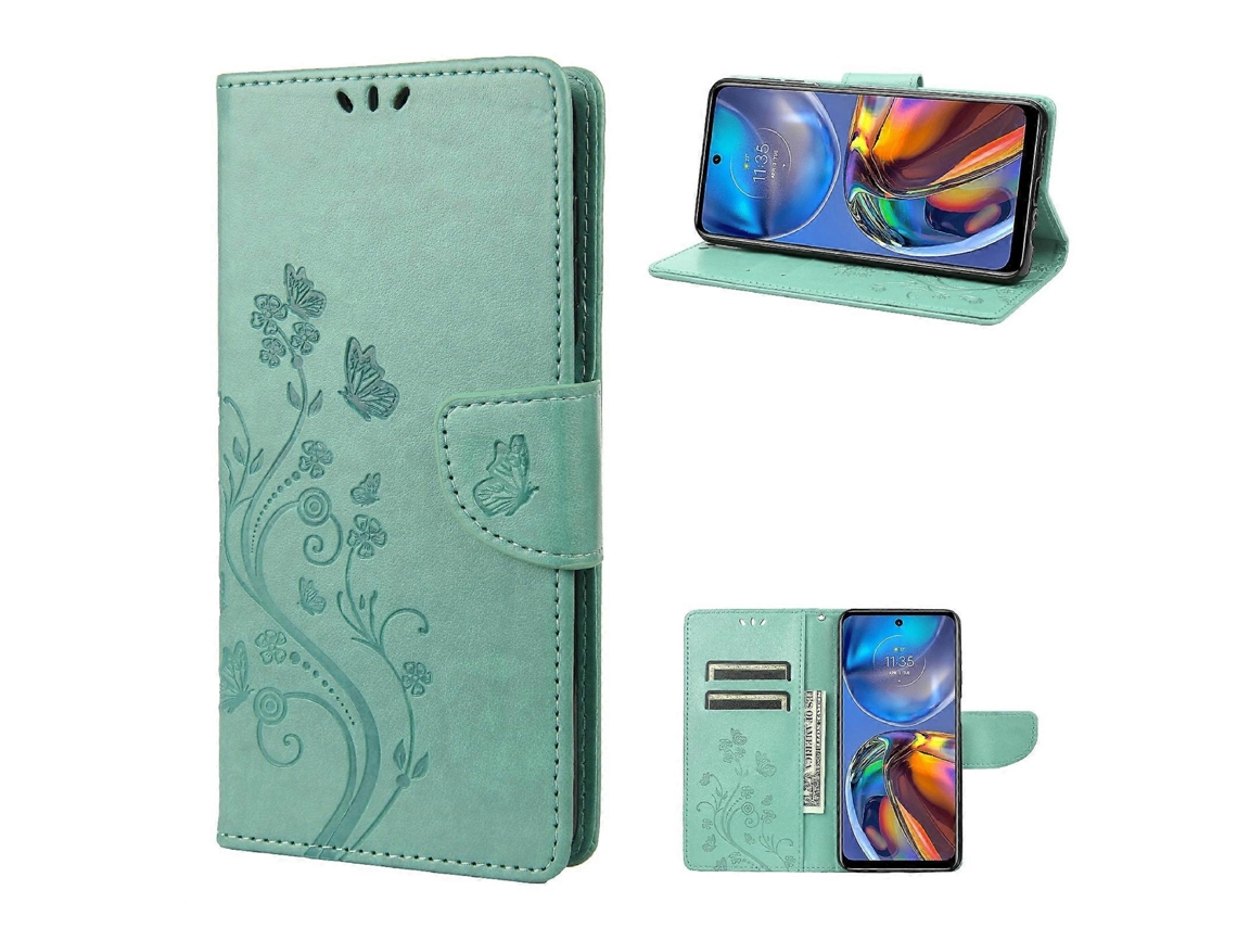 Capa De Couro Com Estampa De Borboleta E Flor Para Motorola Moto E32, Com Abertura Horizontal, Compartimento Para Cartão E Suporte.