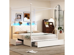 Cama Casal 140x190 com Dossel Led Usb 3 Gavetas e Armazenamento Branca