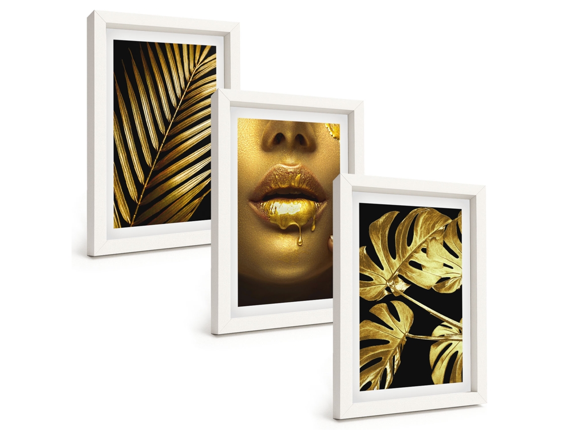 Galeria De Pinturas Murais Monstera, Palmeira, Lábios De Mulher Moldura Branca Fotos Para O Escritório Espelharte (3 Peças 20x30 Cm)
