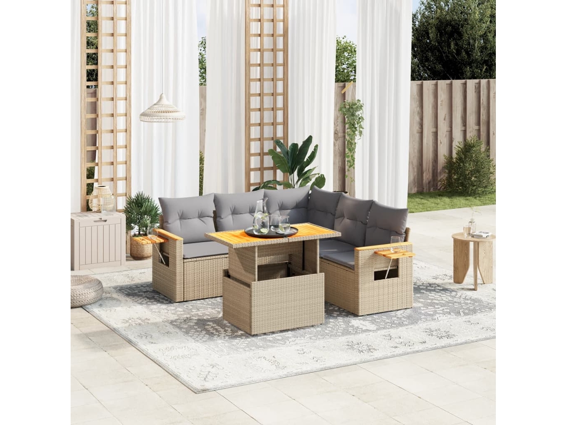 Vidaxl 6 Pcs Conjunto De Sofás P/ Jardim Com Almofadões Vime Pe Bege