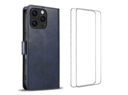 Capa Tkdaddy Para Iphone 16 Pro Com 2 Peças De Vidro Temperado Wanlonfeng Wn Series, Capa De Couro Com Textura De Bezerro, Recortes Grandes, Cor Safir