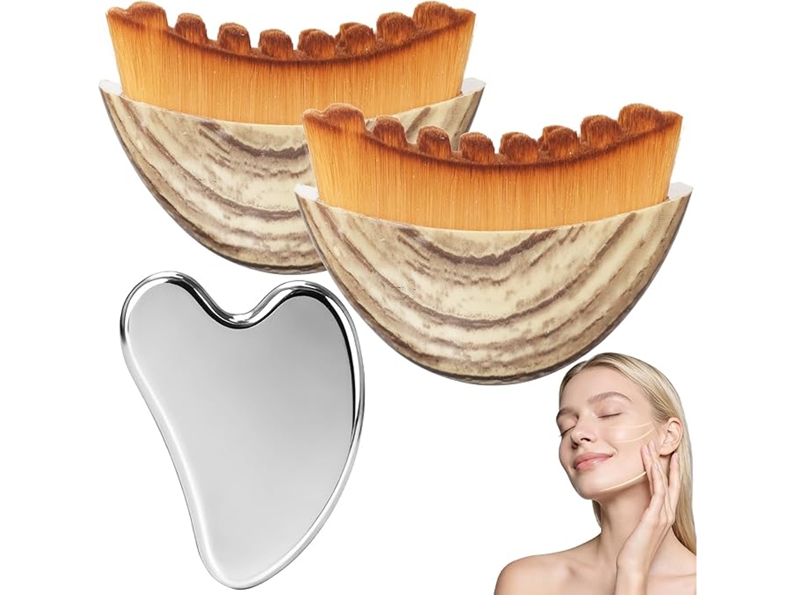Conjunto Gua Sha Facial em Aço Inoxidável 2 Peças, para Drenagem Linfática, Reduz Inchaço e Promove Lifting Bege SIURN