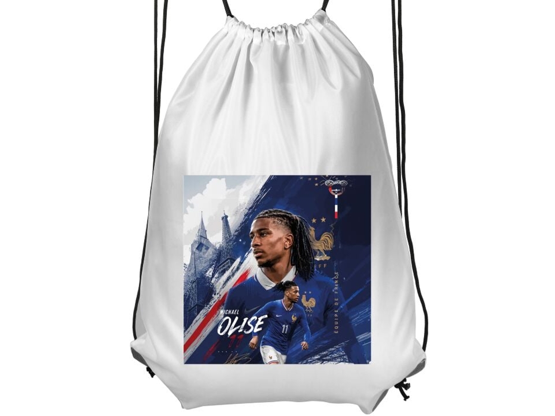 Mochila De Ginástica Infantil Branca| Confortável E Prática Com Estampa Esportiva Michael Olise A Camisa Da Seleção Francesa Em Frente Símbolos Franc