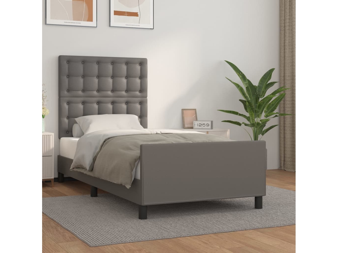 Vidaxl Estrutura Cama C/ Cabeceira Couro Artificial 90x190 Cm Cinzento
