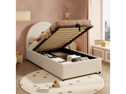 Cama Estofada 90x200 com Ripas e Cabeceira Bouclé Bege