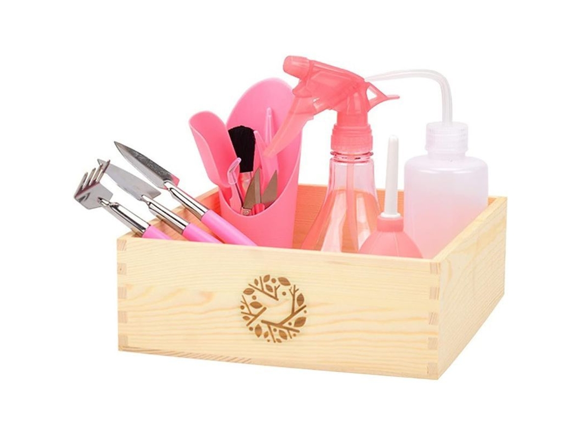 Kit De 14 Ferramentas De Jardim Mini Com Caixa De Madeira Para Suculentas E Rosas