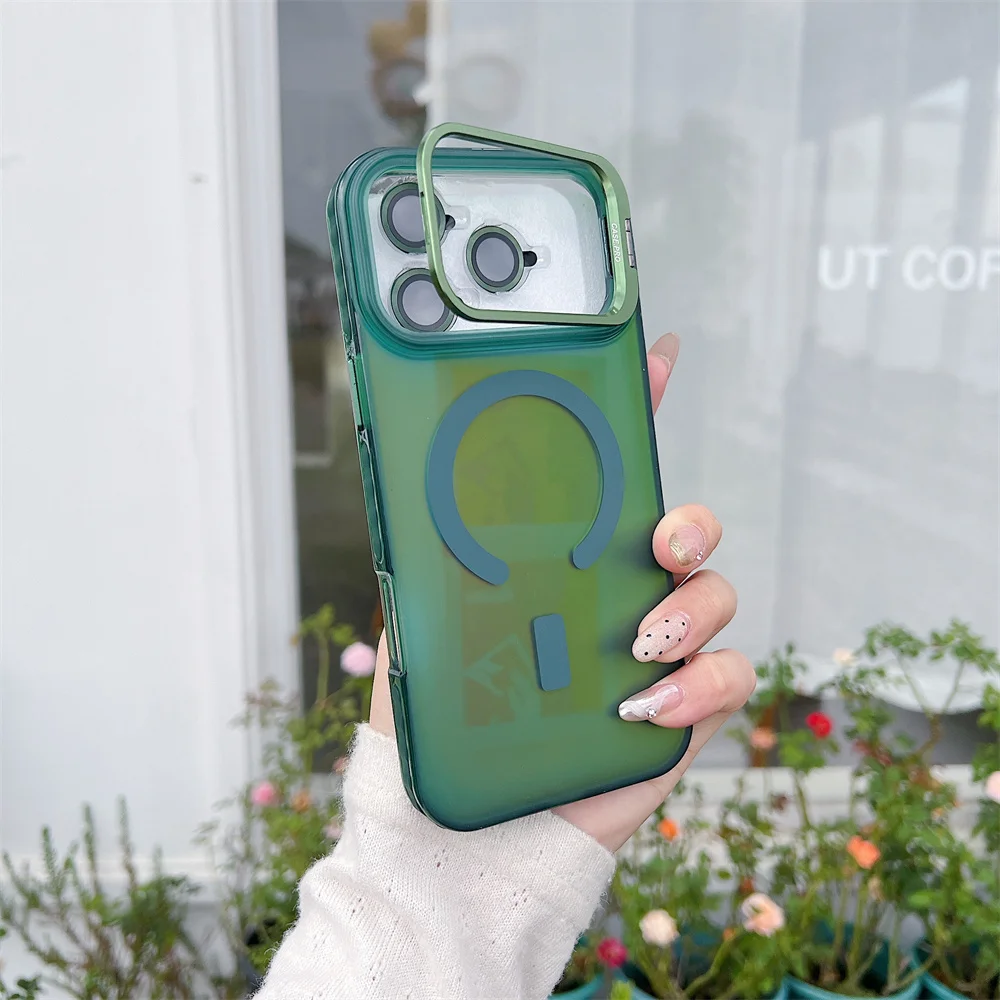(iphone 14 Pro Max, Verde) Capa Magnética Magsafe Para Iphone Com Lente De Vidro E Suporte De Metal.