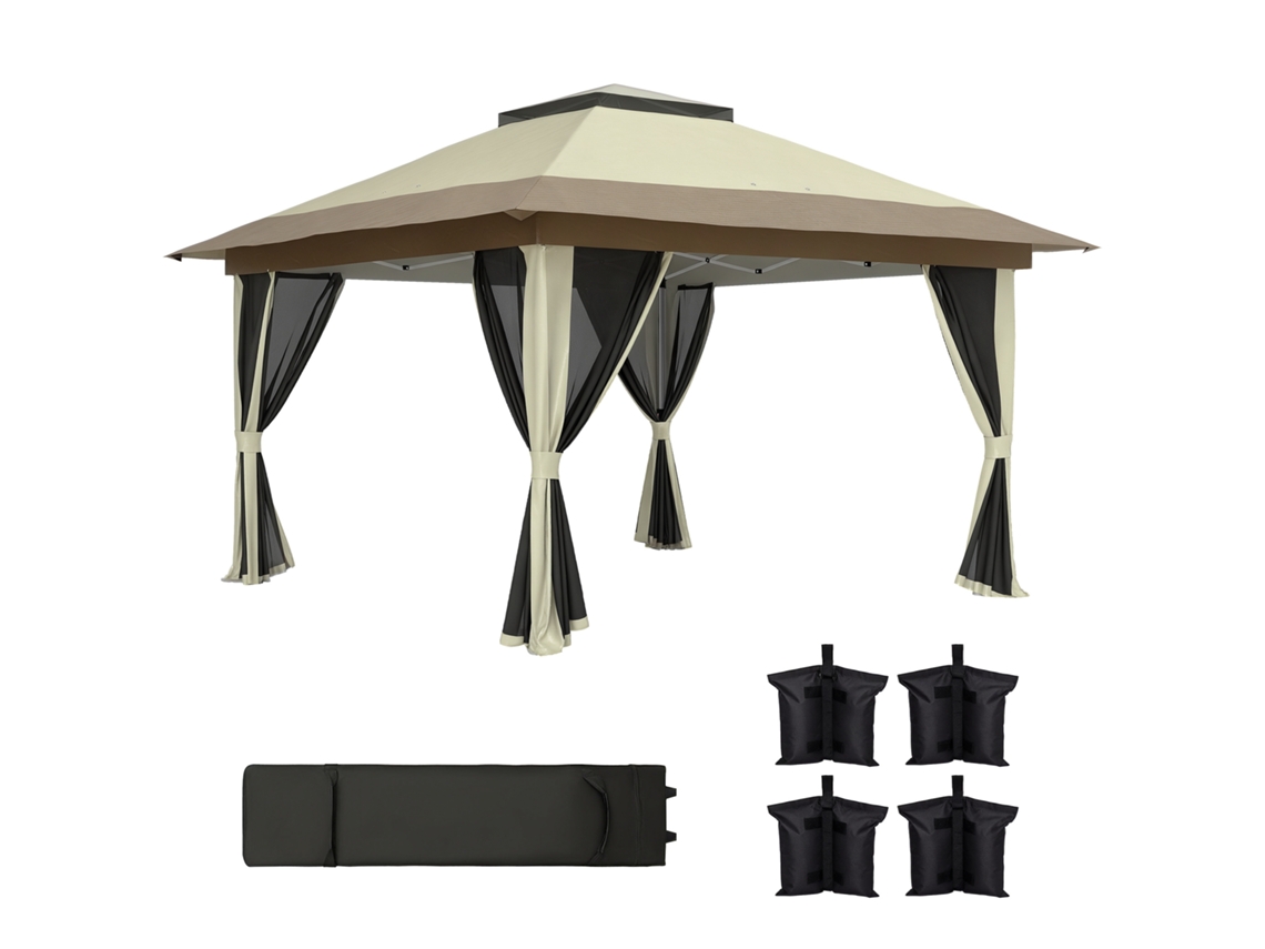 Cenador Plegable BTFORUS 3.6x3.6m com laterais de tela UPF50+ altura ajustável saco com rodas e sacos de areia bege
