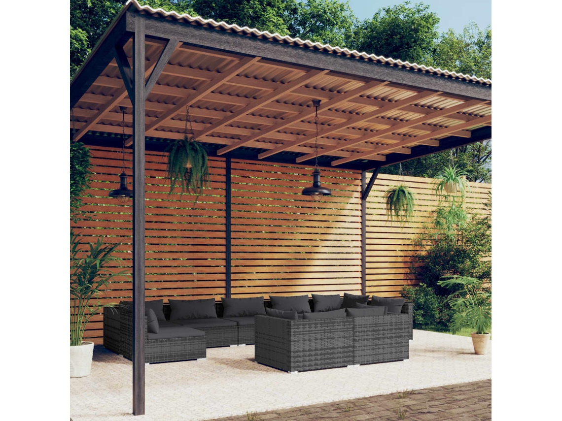 9 Pcs Conjunto Lounge De Jardim C/ Almofadões Vime Pe Cinza Dkd Home Decor