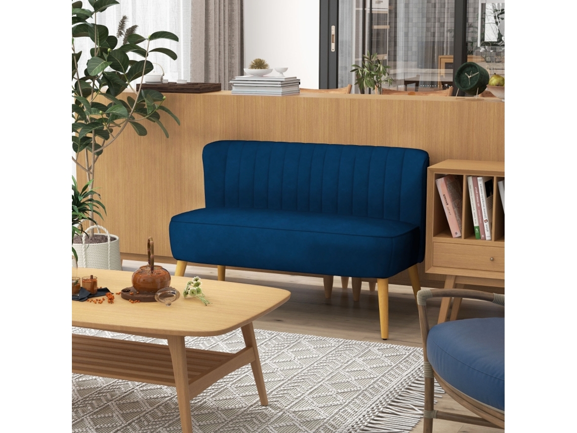 Sofá Retro 2 Lugares, Pés De Madeira, 117x56,5x77cm, Azul.