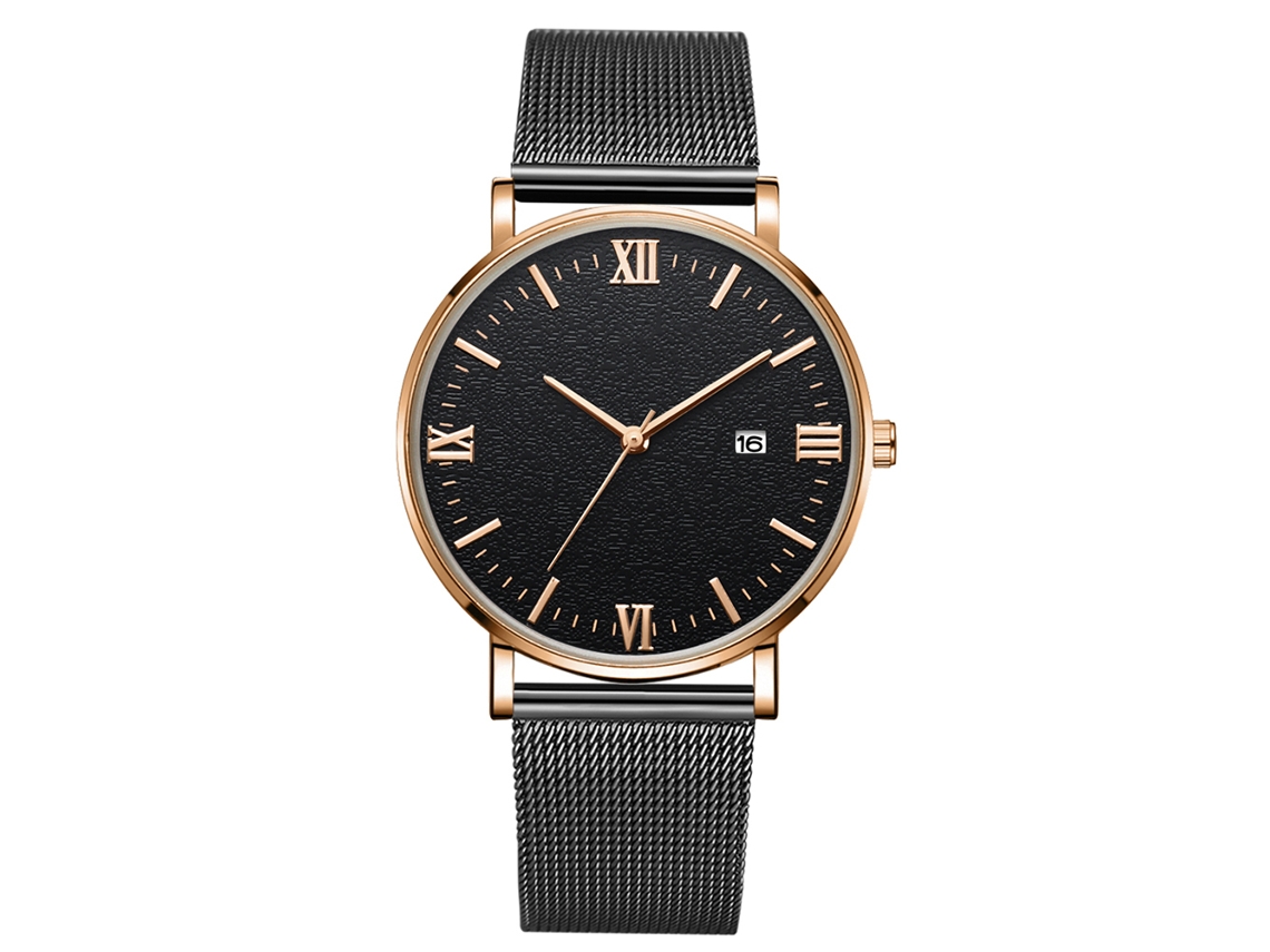 Relógio de pulso masculino esportivo mecânico de quartzo (pulseira preta, caixa em ouro rosa)