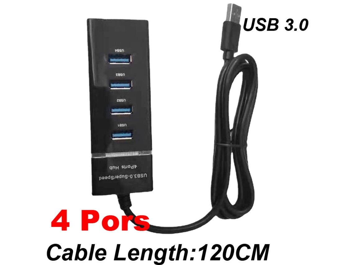 Estação de Ancoragem YIZHOOD Usb 3.0 4 Portas Hub 120 Cm para Pc Laptop Teclado Mouse Disco Rígido Móvel Dc Carregador de Energia Preto