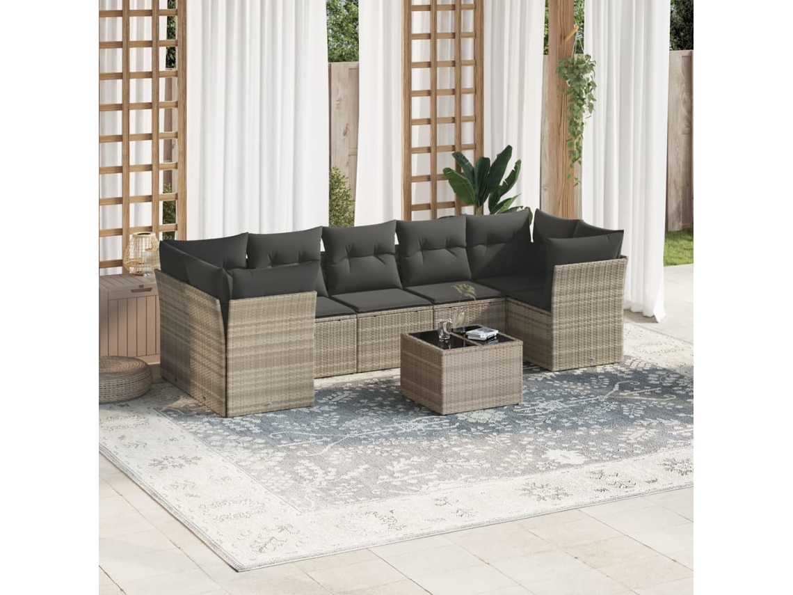Vidaxl 8 Pcs Conj. Sofás Jardim C/ Almofadões Vime Pe Cinzento-claro