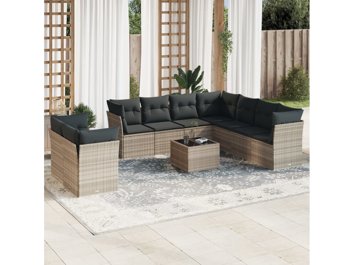 Vidaxl 10 Pcs Conj. Sofás Jardim Com Almofadões Vime Pe Cinzento-claro