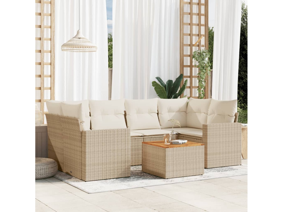 Vidaxl 7 Pcs Conjunto De Sofás P/ Jardim Com Almofadões Vime Pe Bege