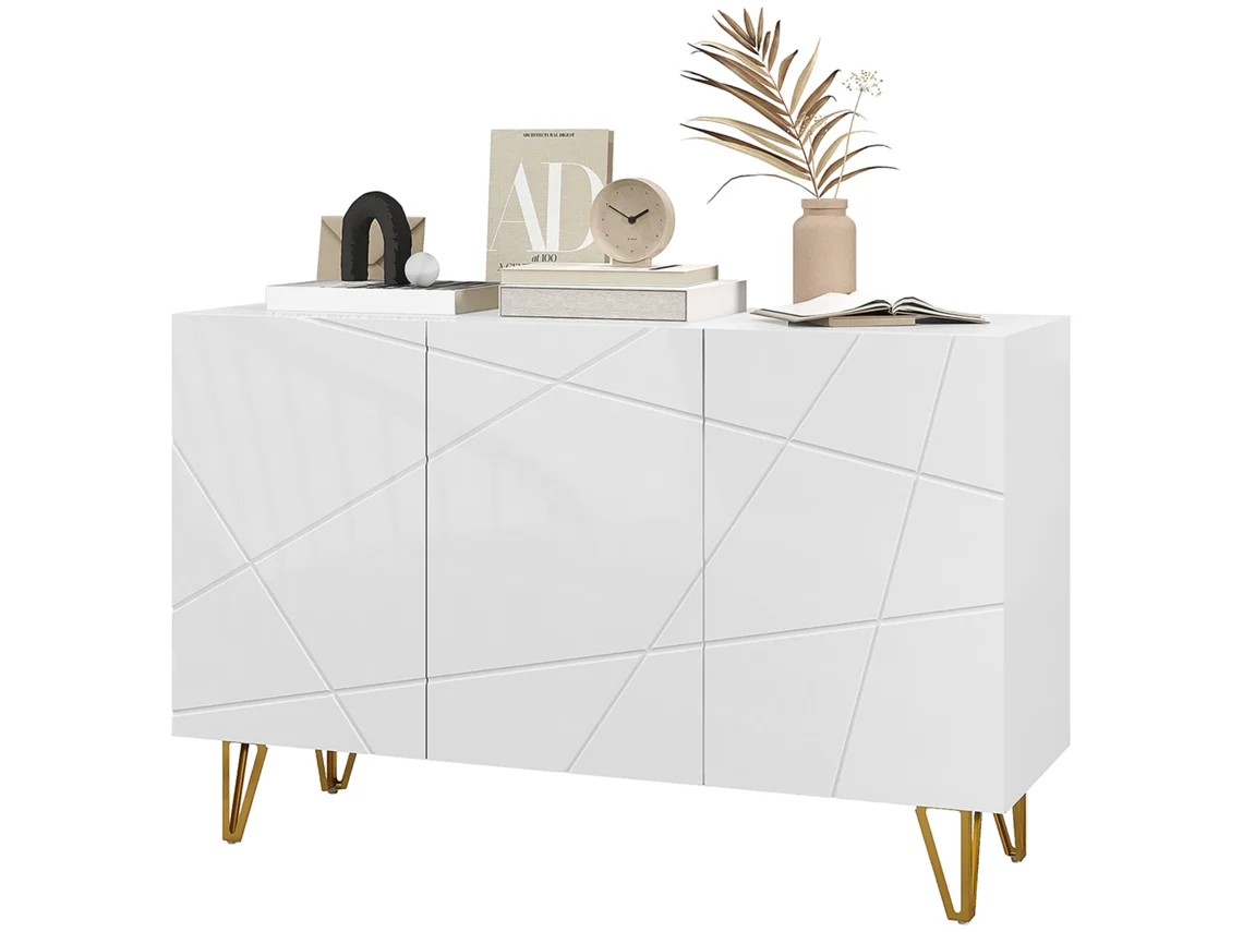 Aparador para Sala com 3 Portas, Prateleiras Ajustáveis, Branco Brilhante, 120x40x75 Cm ZENCORE SERVICES