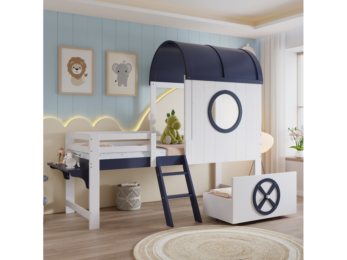 ZIWEI STORE Cômoda infantil com armário embutido e 2 gavetas com rodízios 90x200cm/140x200cm Pinho + MDF branco