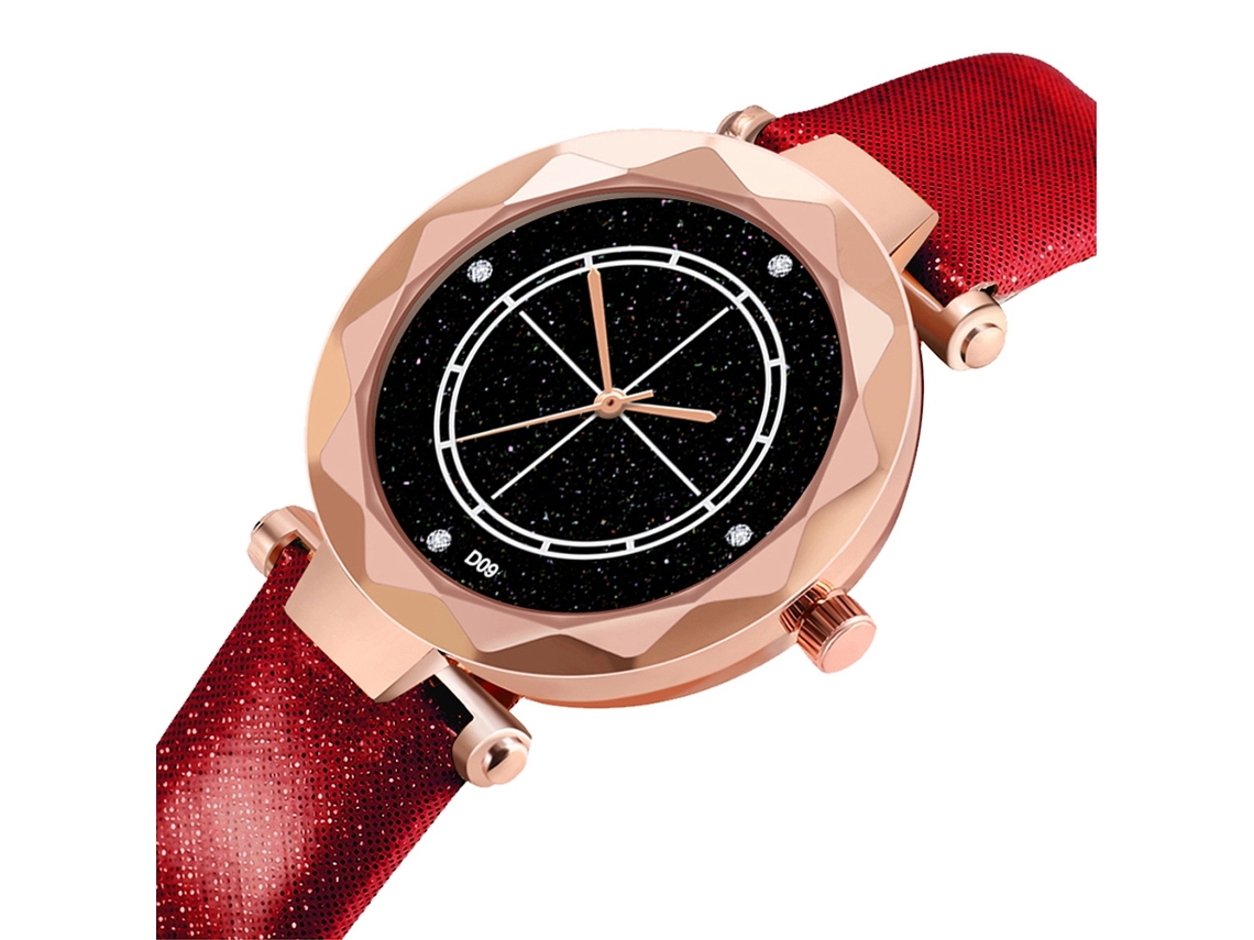 Relógio de pulso feminino de quartzo com pulseira de PU e mostrador cravejado de diamantes (vermelho)