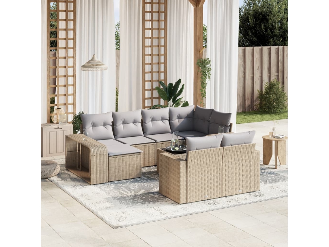 Vidaxl 11 Pcs Conjunto Sofás De Jardim C/ Almofadões Vime Pe Bege