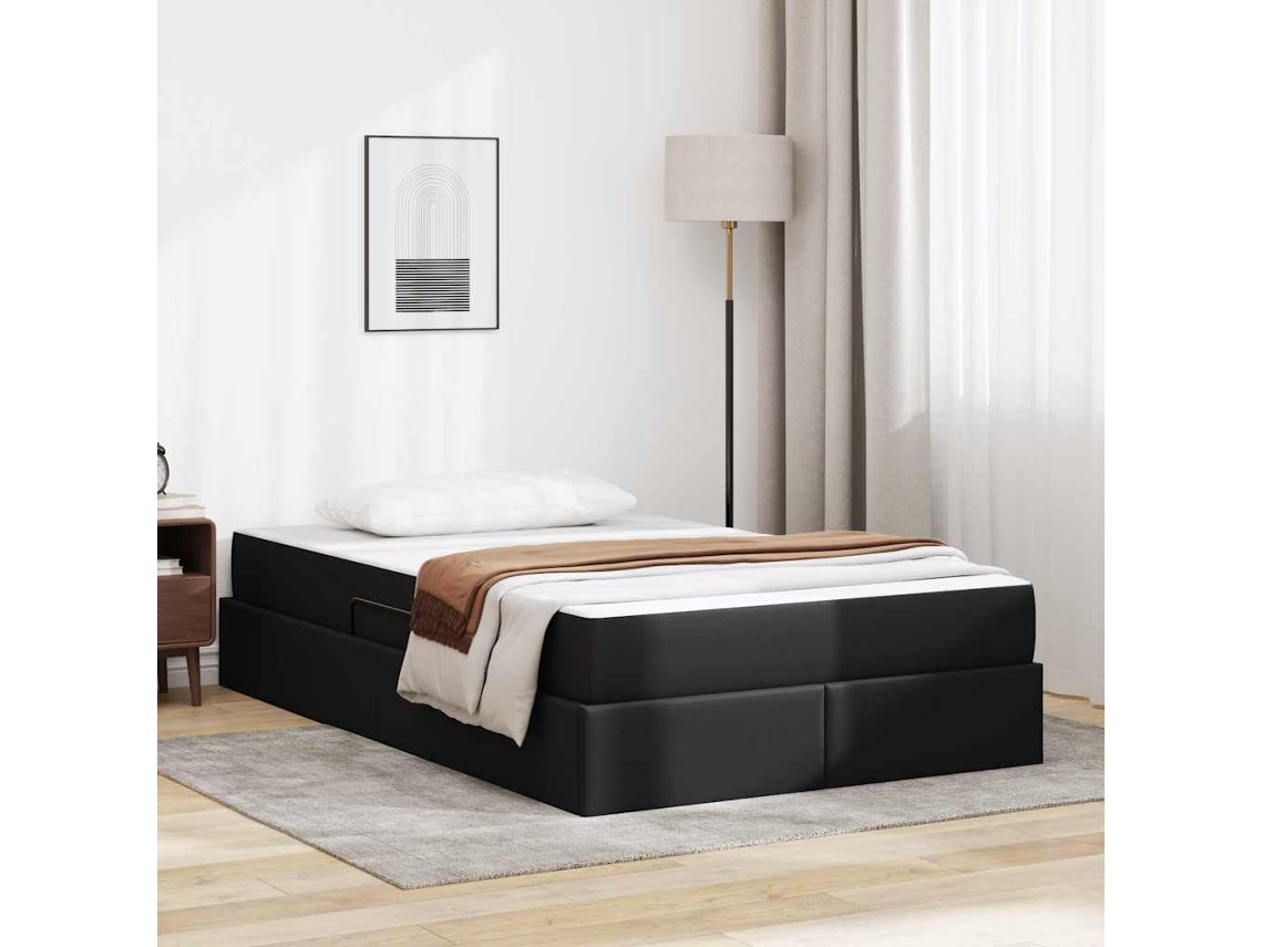 Vidaxl Cama Com Arrumação E Colchão 2 Unid. Preto Couro