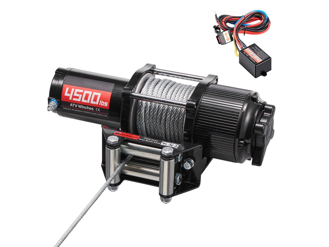 Guincho Elétrico 12v de 2041 Kg para Atv Utv com Cabo Aço 6 Mm X 12 M, Motor 1,6 Kw, Ip54, Controle Remoto Fio e Sem Guia Roldanas, Placa Montagem