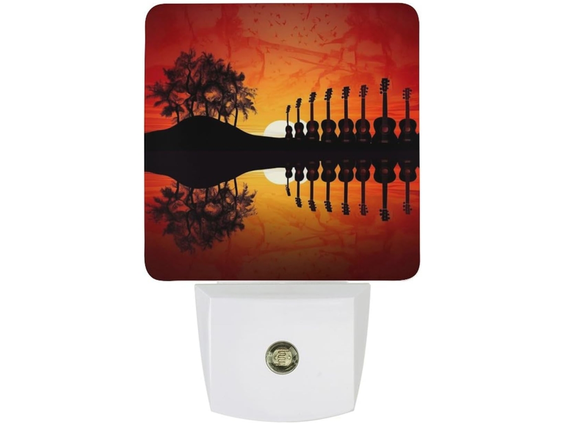 Luminária de parede noturna com plugue, com efeito de sol e música de guitarra, sensor crepuscular e luz LED branca.