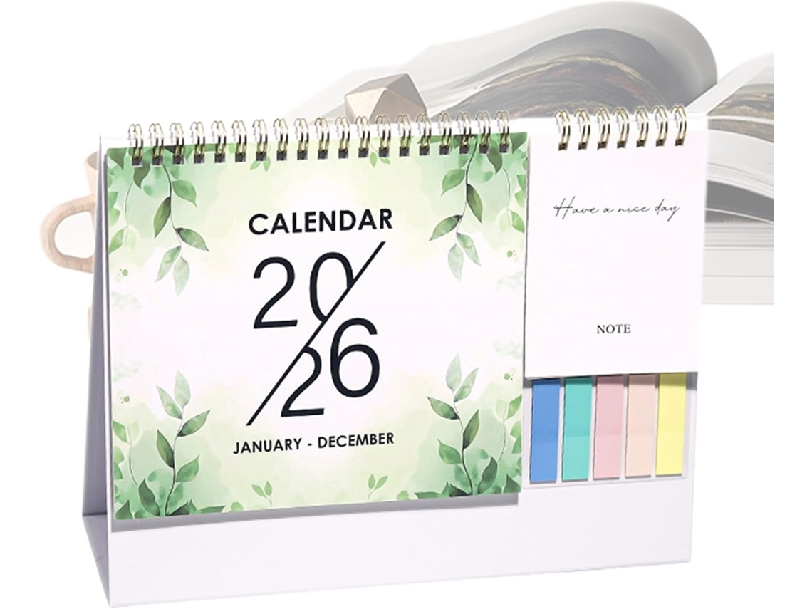 Calendário de mesa de 12 meses com lista de tarefas e planejador mensal.