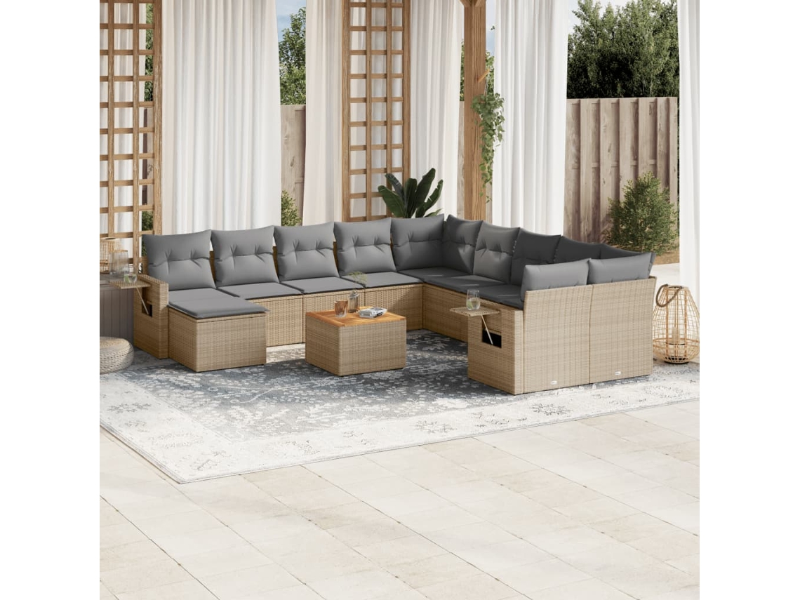 Vidaxl 12 Pcs Conj. Sofás Jardim C/ Almofadões Vime Pe Bege Misturado