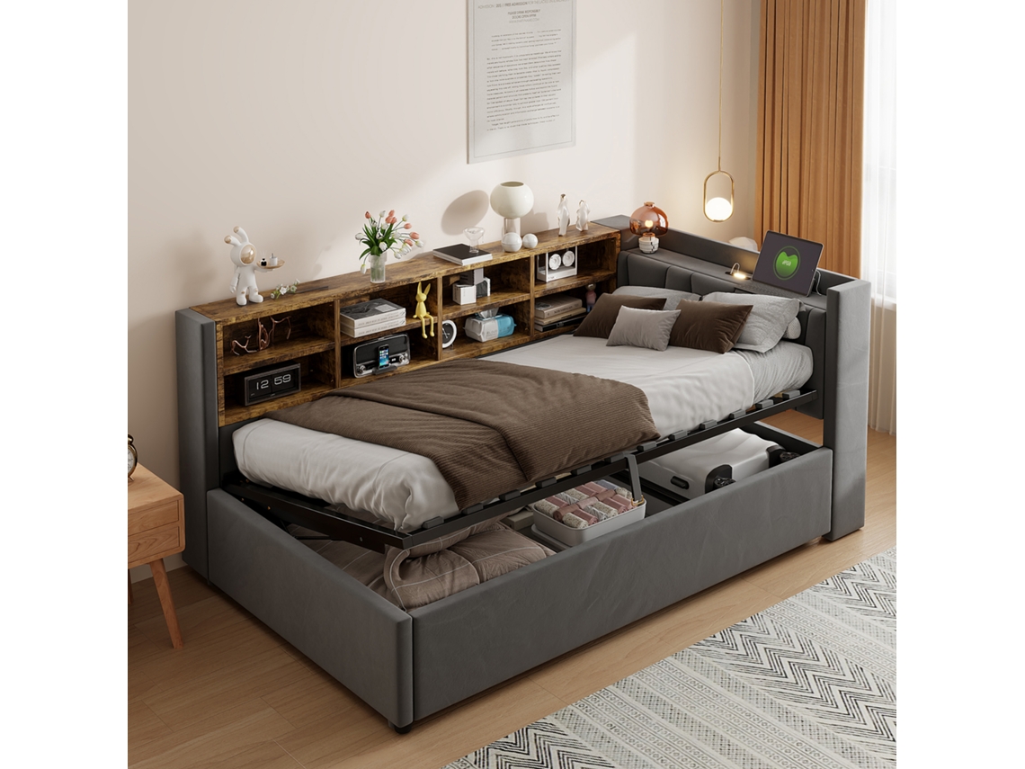 Cama Veludo Cinza Escuro 90x200 Led Usb c Hidráulica