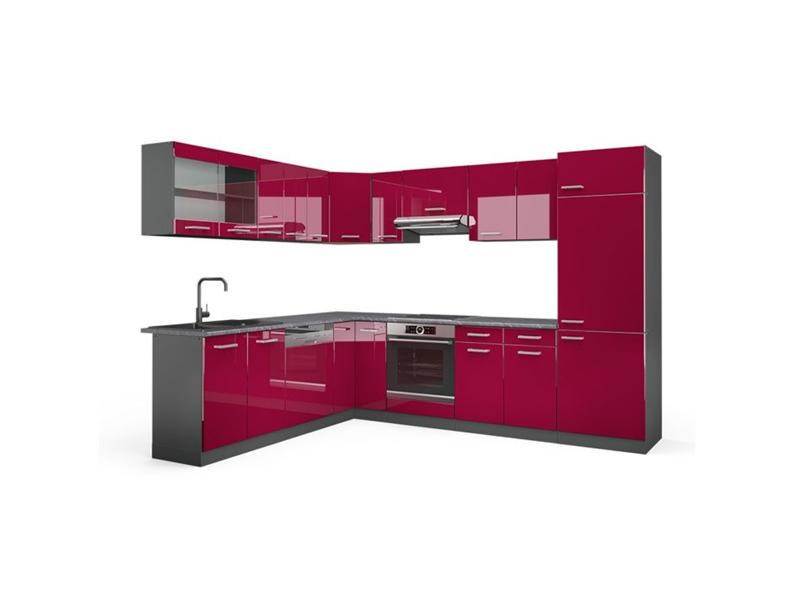 Cozinha de canto R-Line, 227 x 287 cm sem bancada, Borgonha alto brilho/antracite, Vicco