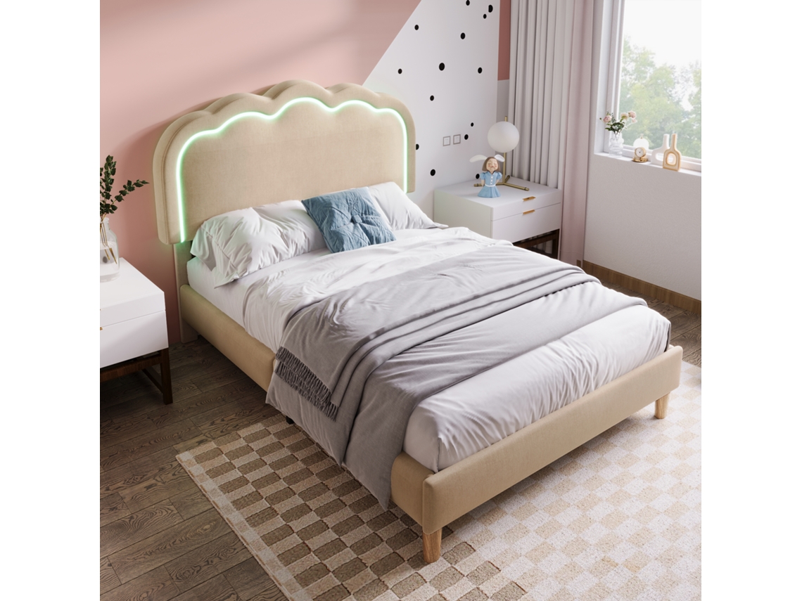 Cama Solteiro 90x190 Cm, Led, Linho Bege, Cabeceira Ajustável, Multifuncional